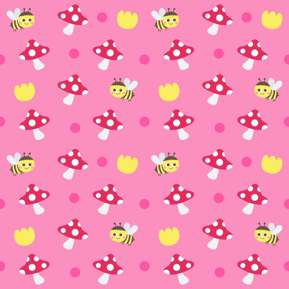 Hola primavera linda niños mano dibujado seta tulipán y abeja símbolo objeto vector ilustración