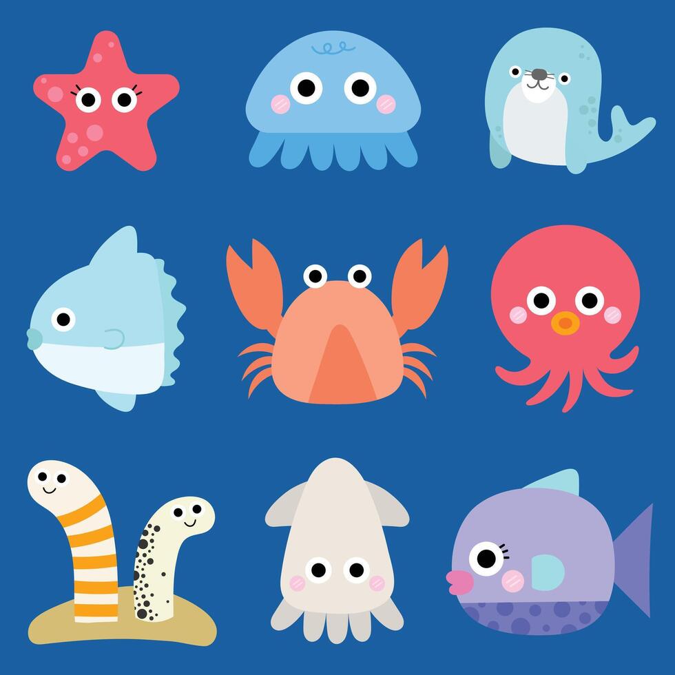linda mar animal en niños estilo dibujos animados pescado vector ilustración mar conjunto