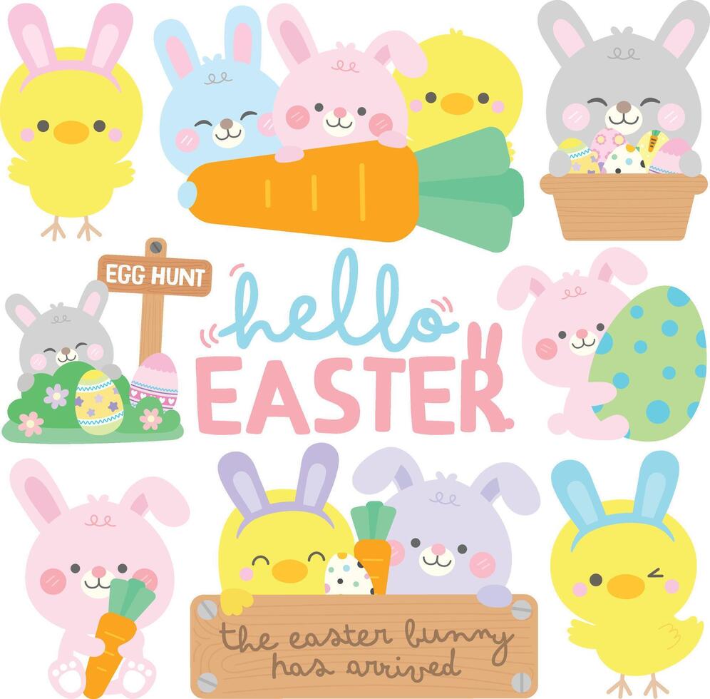 Easter hand drawn rabbit and baby chicken Vector illustration