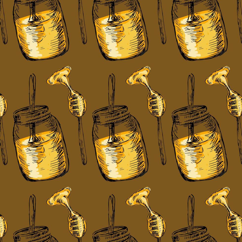 Hand drawn sketch of honey in jar and spoon background vector