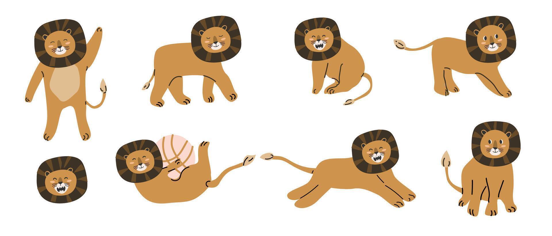 Set of jungle baby animals lions in scandinavian style vector