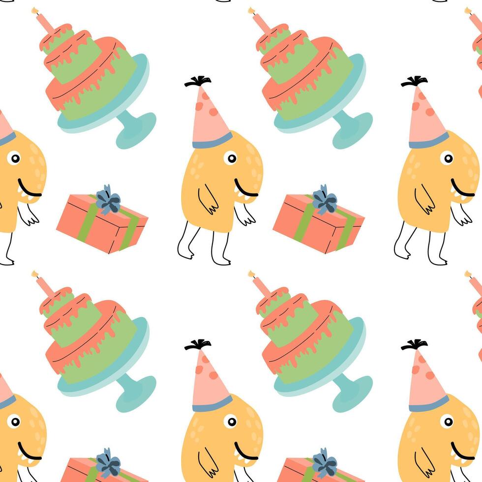 cute monster cake and box seamless pattern vector