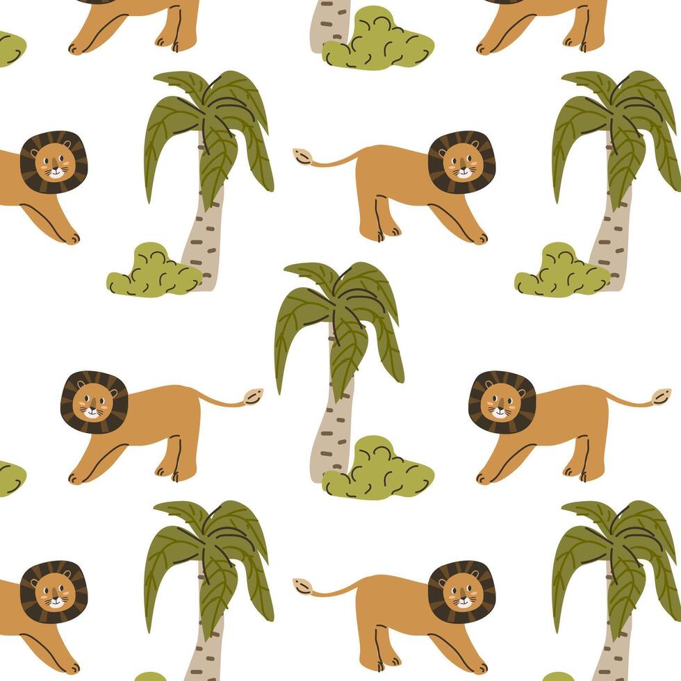 cute wild tropical animal lion in jungle seamless pattern vector