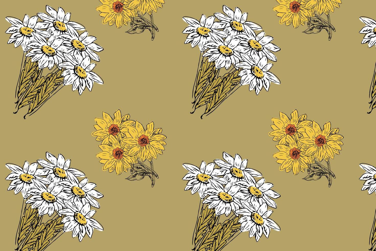 Hand drawn vintage floral elements camomile and daisy pattern vector