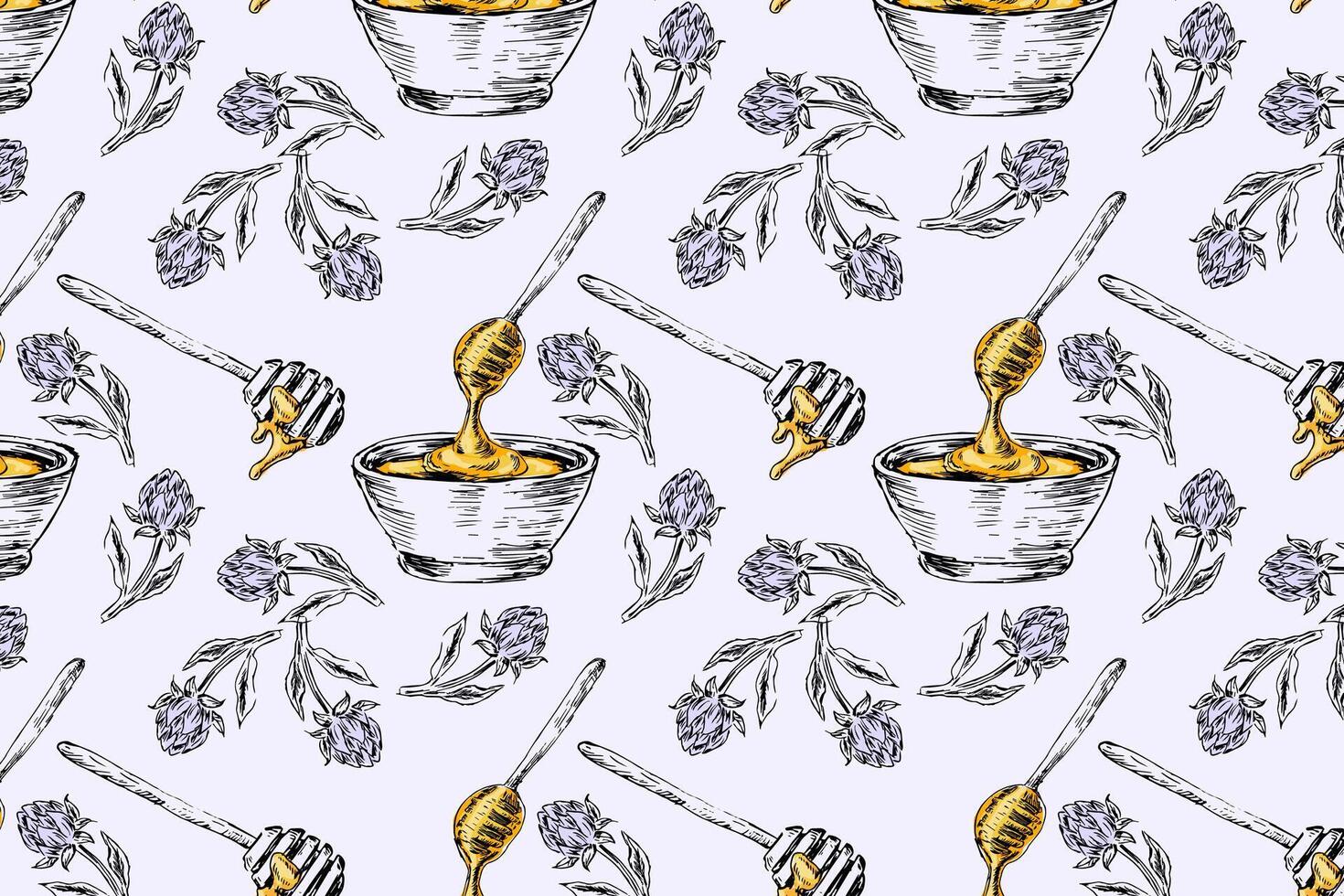 Hand drawn vintage floral elements clover and honey pattern vector