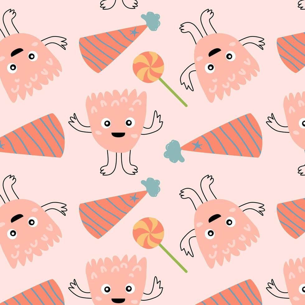 cute monster and birthday cap seamless pattern vector