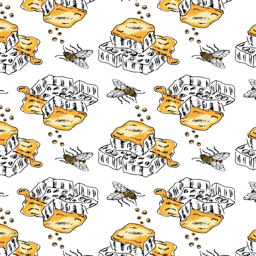 Honey comb hand drawn sketch pattern retro vector