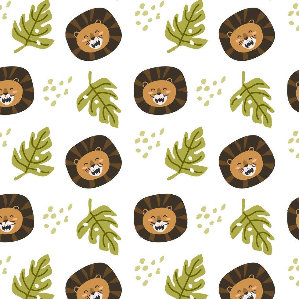 cute wild tropical animal lion face seamless pattern vector