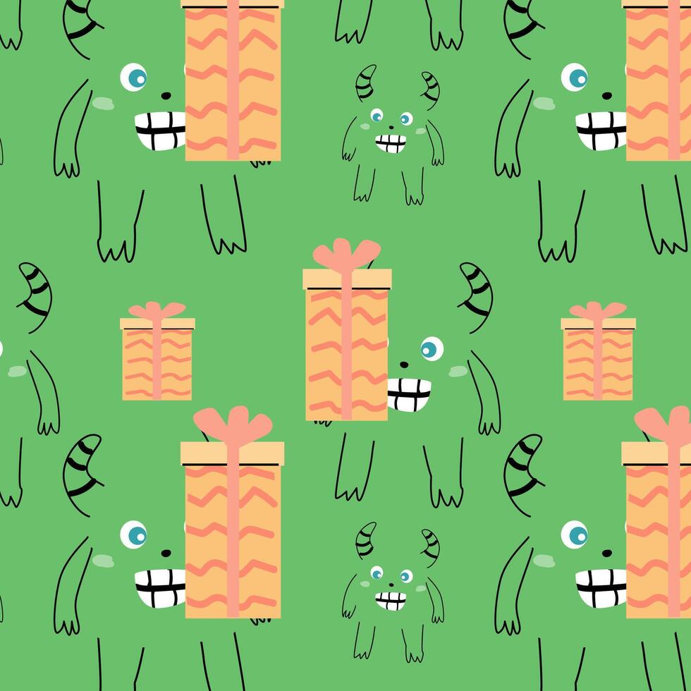 Doodle monster and box seamless pattern vector