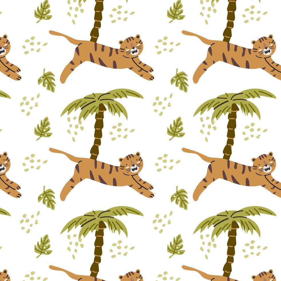 Seamless pattern with cute wild africa animal tiger childish vector