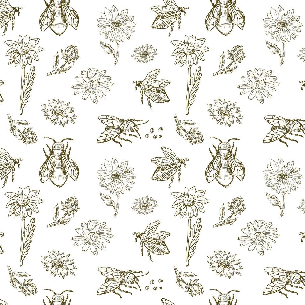 Hand drawn vintage floral elements and bee pattern vector