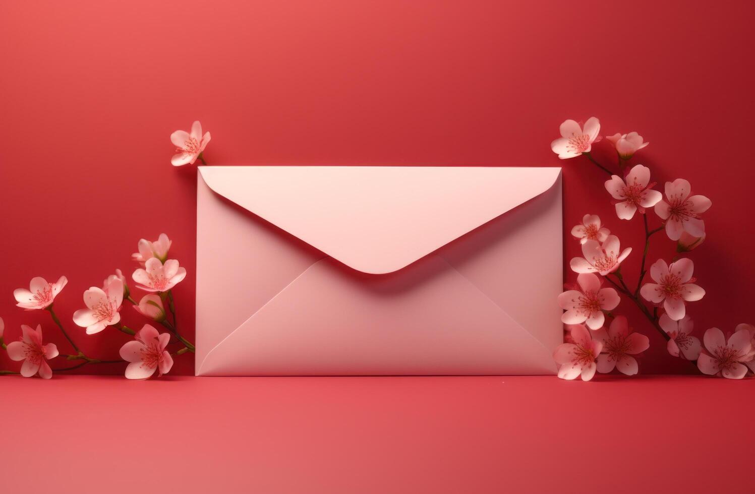 AI generated red envelope and flowers on a pink background photo