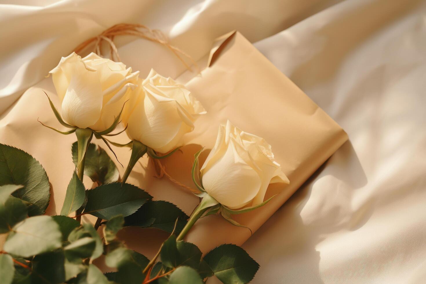 AI generated three yellow roses and an envelope on a beige background photo
