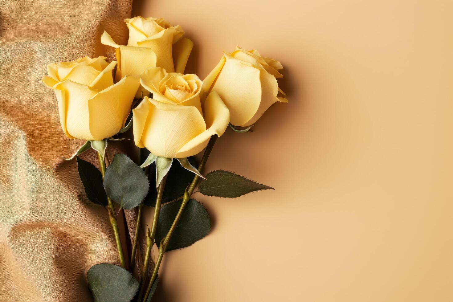 AI generated three yellow roses and an envelope on a beige background photo