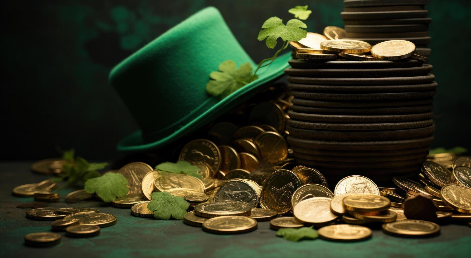 ai generado S t patrick's día con un sombrero y monedas en verde antecedentes foto
