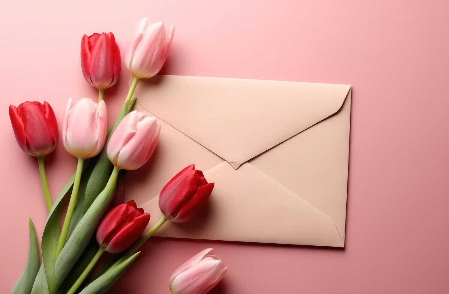 AI generated valentine envelope with tulips on pink background rose photo