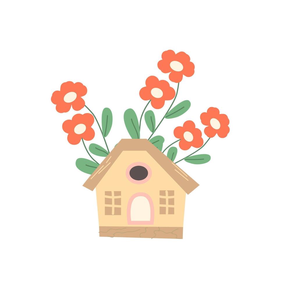 Hand drawn brown bird house in flower and branch background. Vector illustration can used for spring or autumn card, summer decor. Cute birdhouse and bouquet.