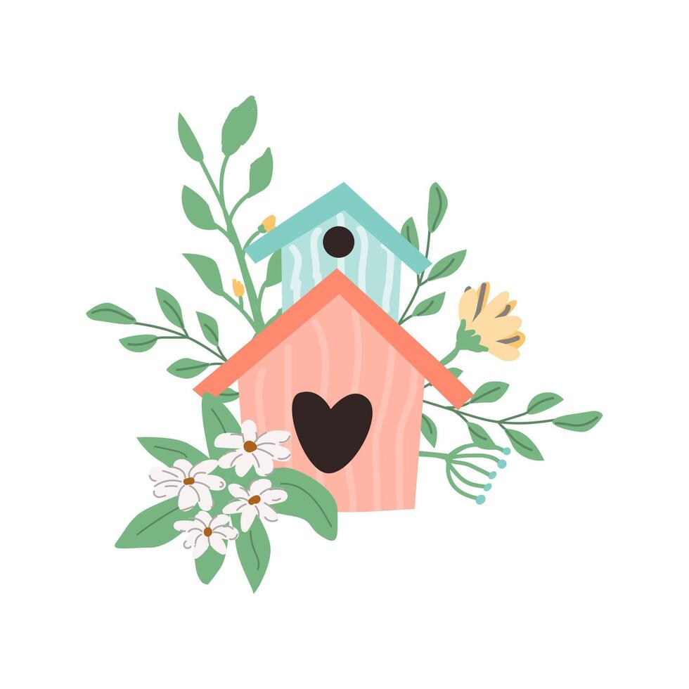 Hand drawn spring bird house in flower and branch background. Vector illustration can used for spring greeting card, summer decor. Cute birdhouse and bouquet.
