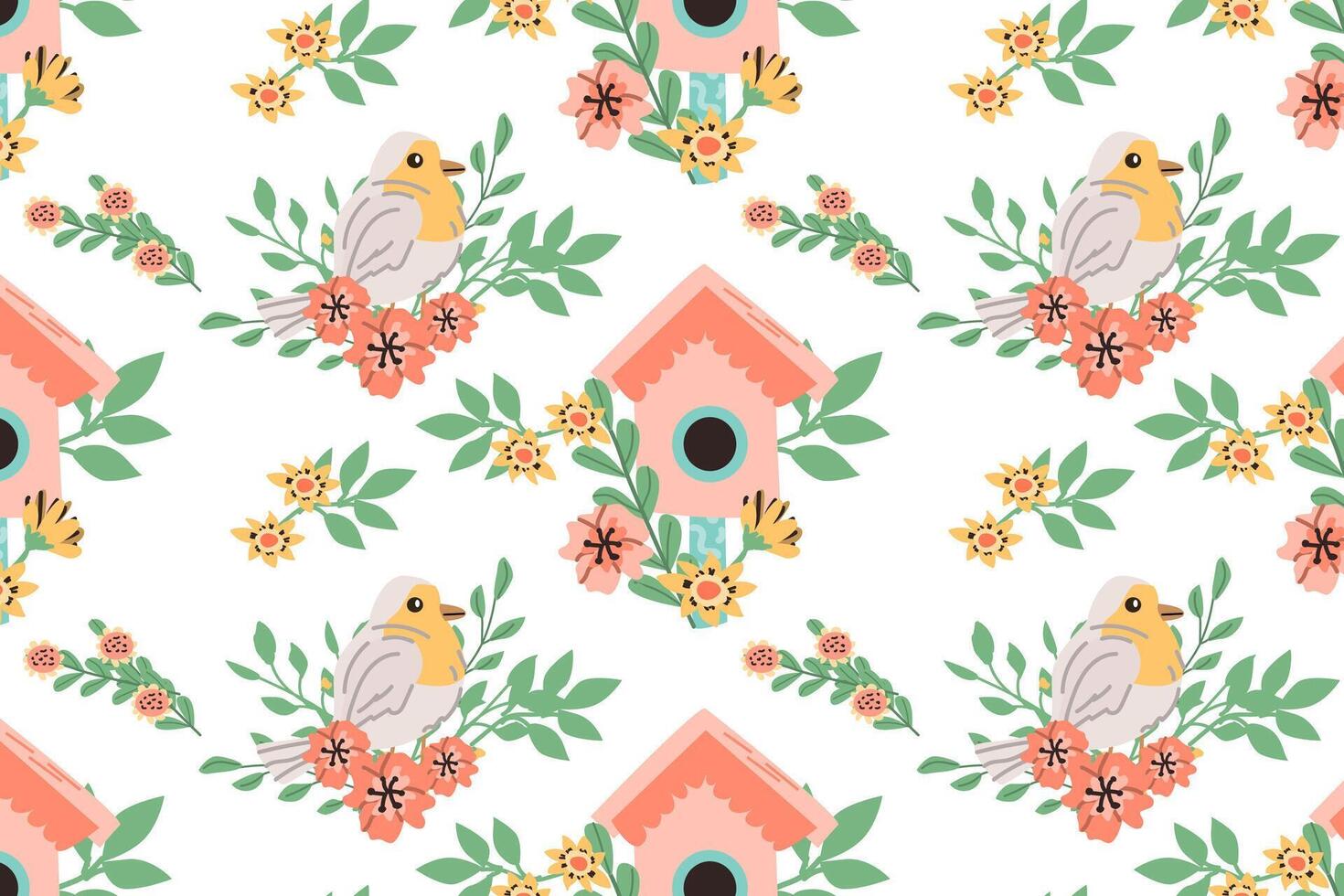 Hand drawn spring bird robin and birdhouse pattern with floral elements. Vector illustration isolated. Can used for wrapping paper, textile, clothes. greeting card, wallpapers.