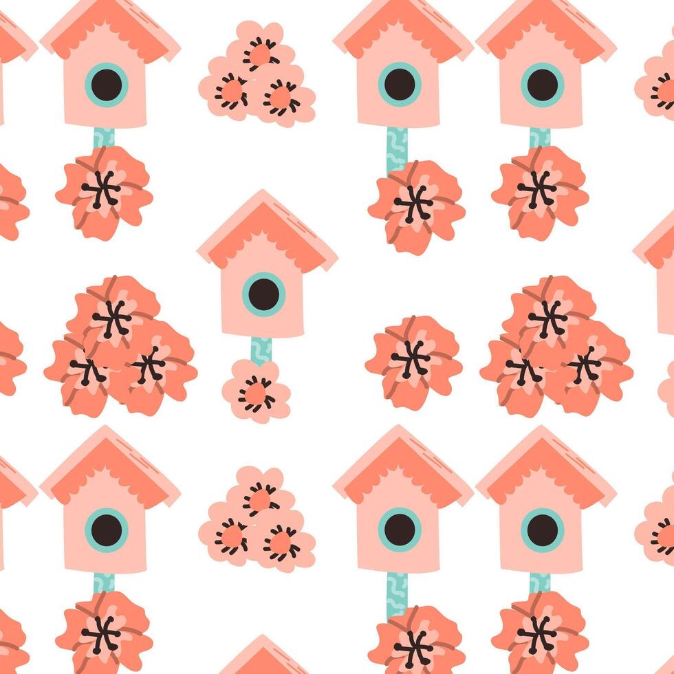 pink birdhouse pattern with floral elements. Vector illustration isolated. Can used for wrapping paper, textile, clothes. greeting card, wallpapers.