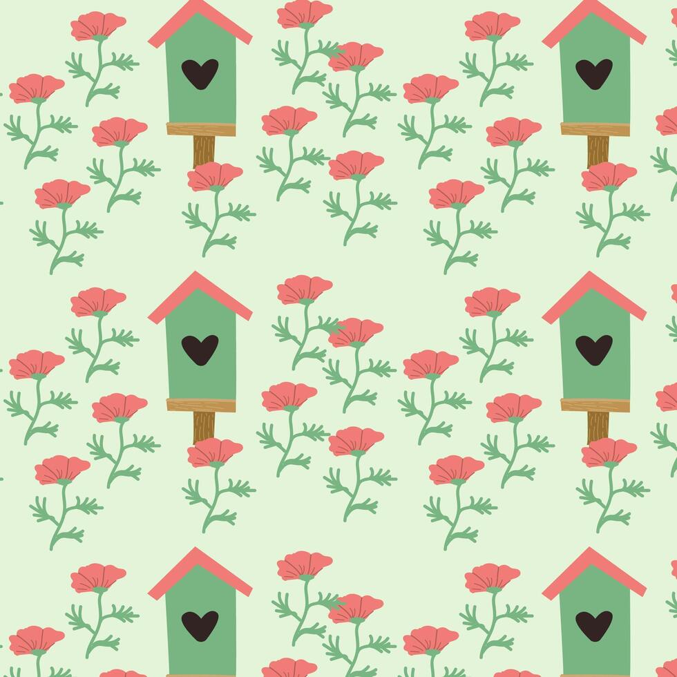 Birdhouse with hand drawn poppy seamless pattern. Vector illustration can used for cover design, wallpapers, wrapping paper.