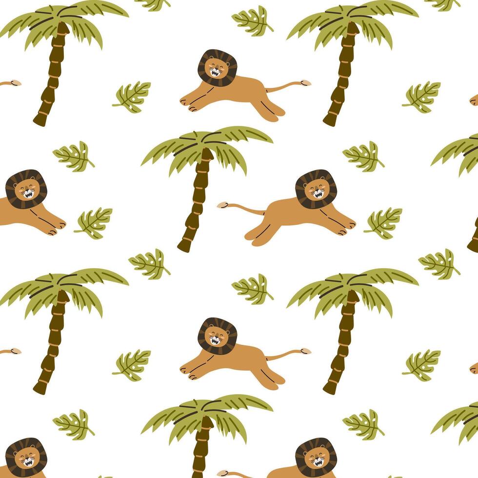 cute wild tropical animal lion roaring in forest seamless pattern vector