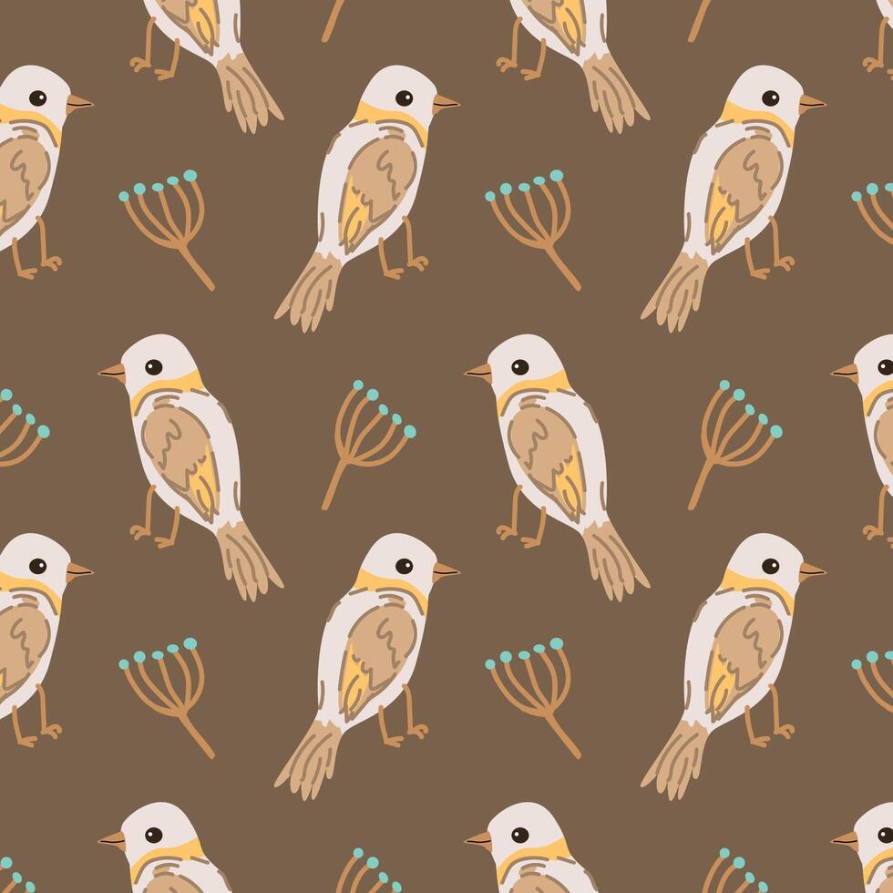 Autumn bird with floral elements - seamless pattern on brown background. Vector illustration can use for wallpaper, poster, print.