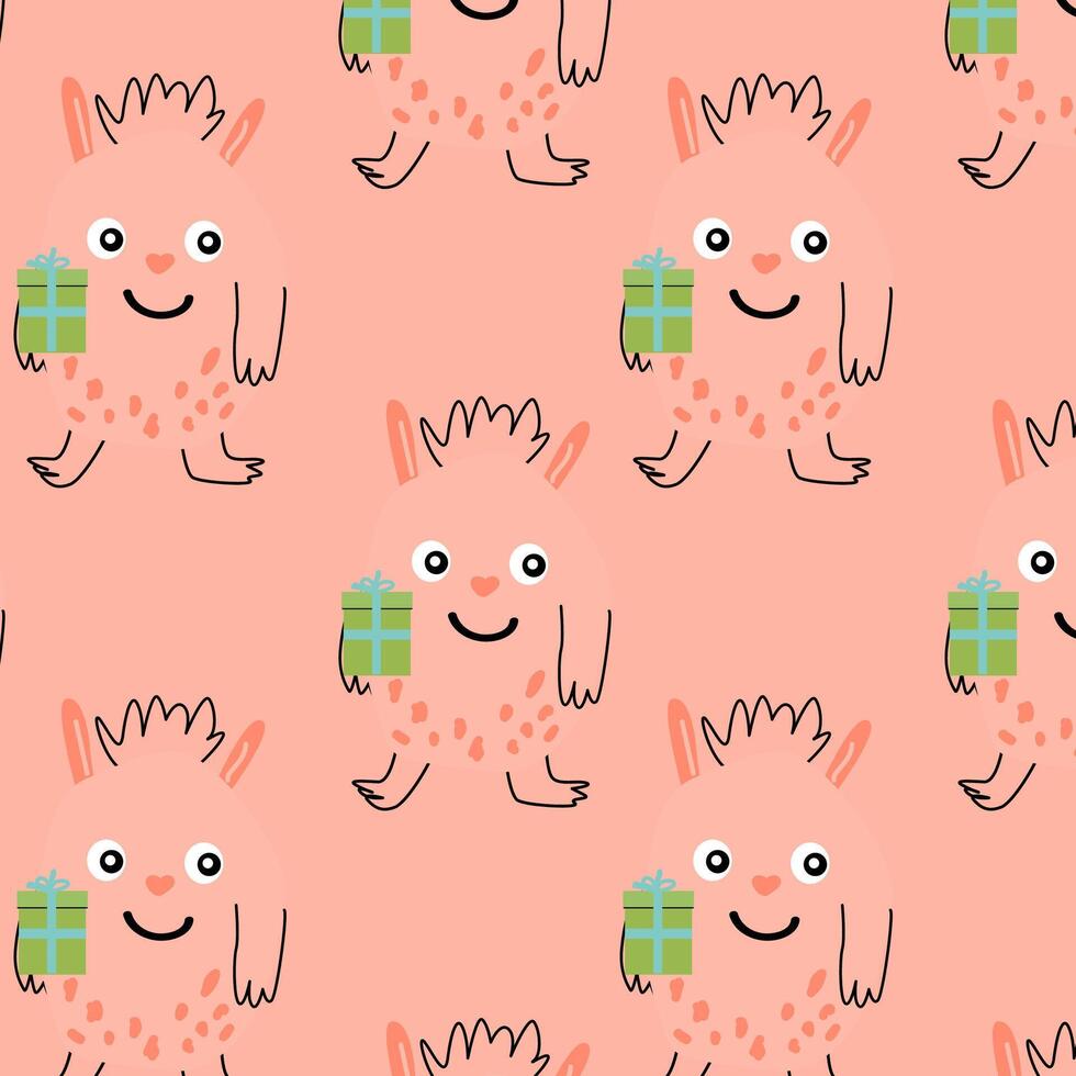 birthday pink monster background in doodle style vector
