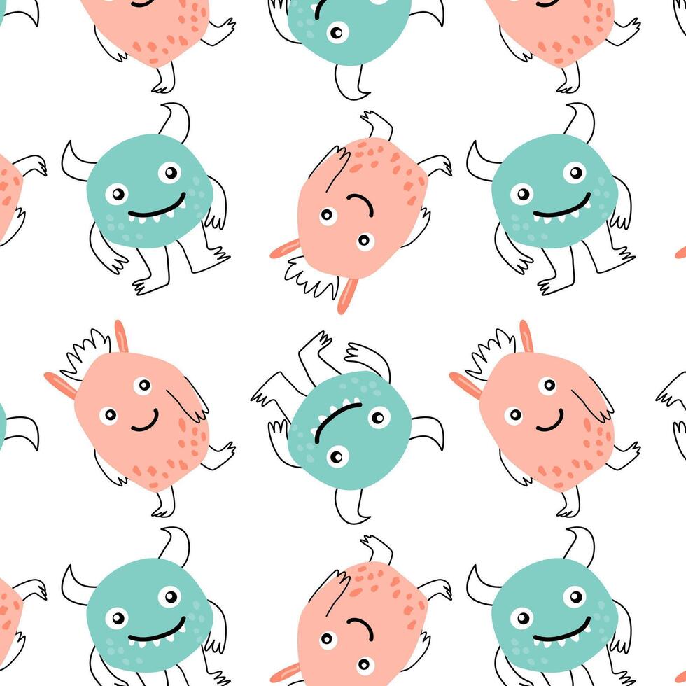 Cute baby monsters seamless pattern in doodle style vector