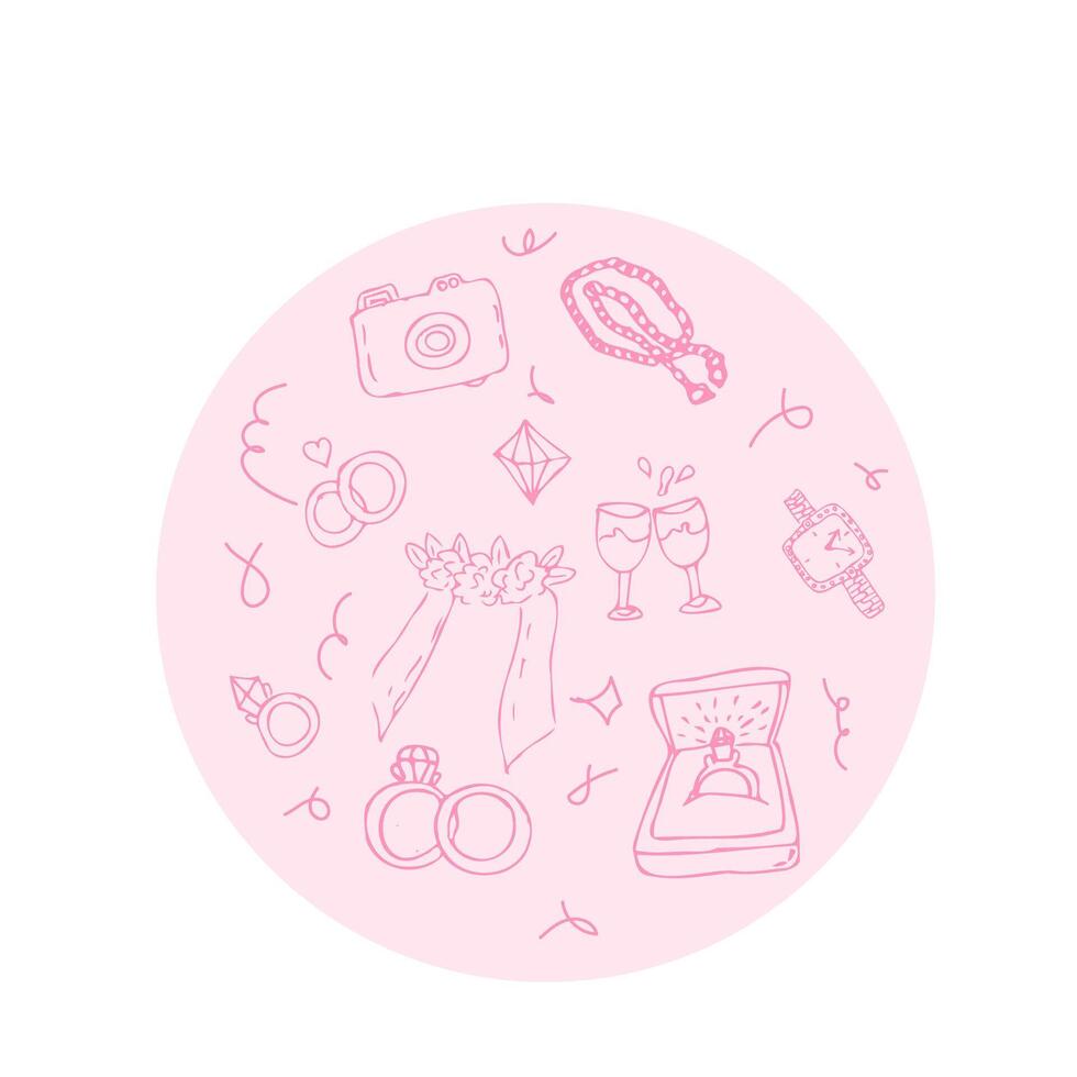Hand drawn wedding outline doodle icons round background of jewerly and bridal. Vector illustration of wedding ceremony items in hand drawn, for greeting card, invitation, save and date card.