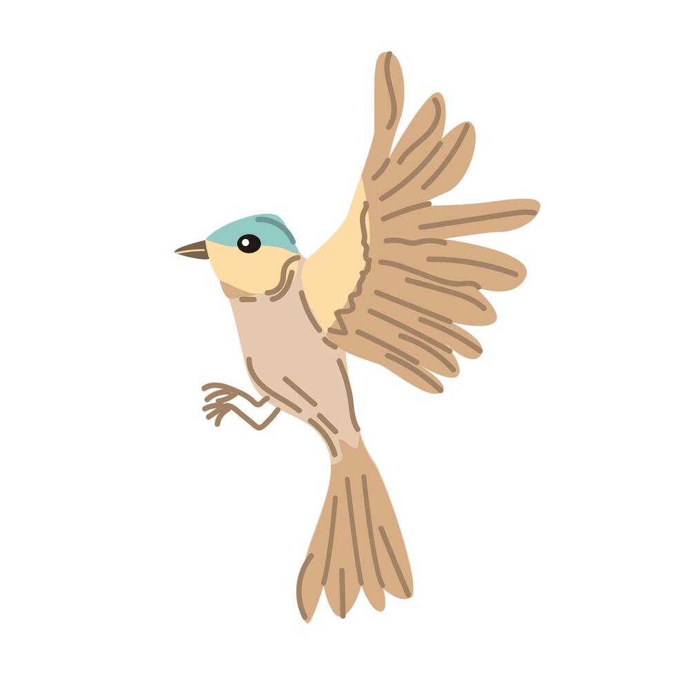 Spring bird flying. Vector cartoon illustration in childish style. Can used for greeting card, banner and poster, sticker.