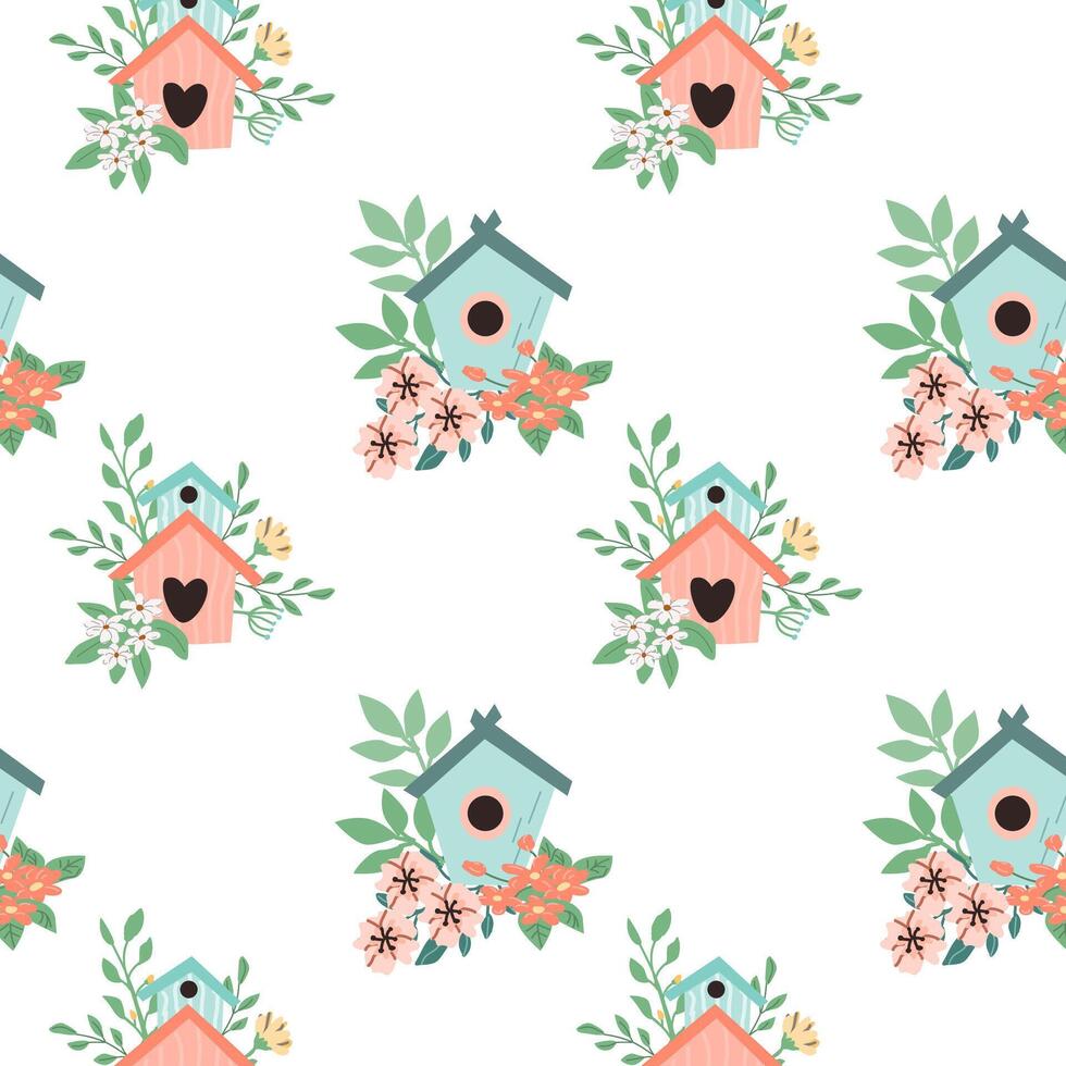 Hand drawn spring birdhouse pattern with floral elements. Vector illustration isolated. Can used for wrapping paper, textile, clothes. greeting card, wallpapers.