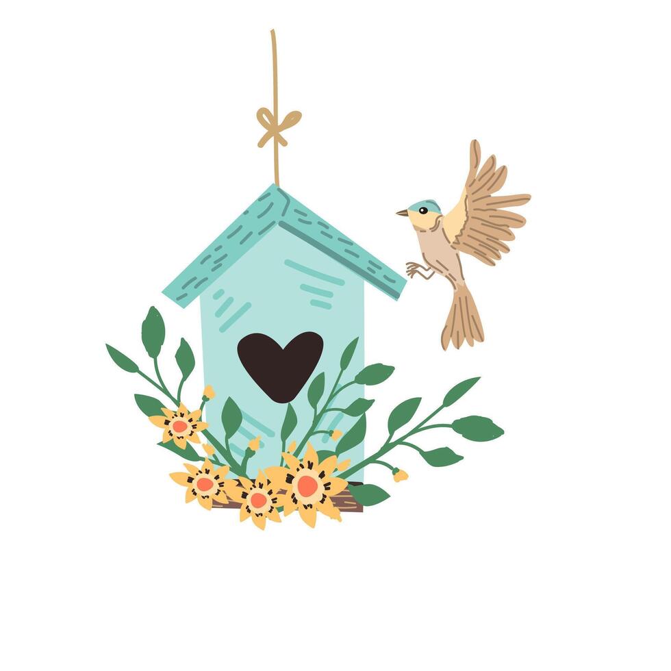 spring bird and flying birdhouse for greeting card, cover design. Vector illustration isolated. Can used for wallpaper, poster, print design for cloth.