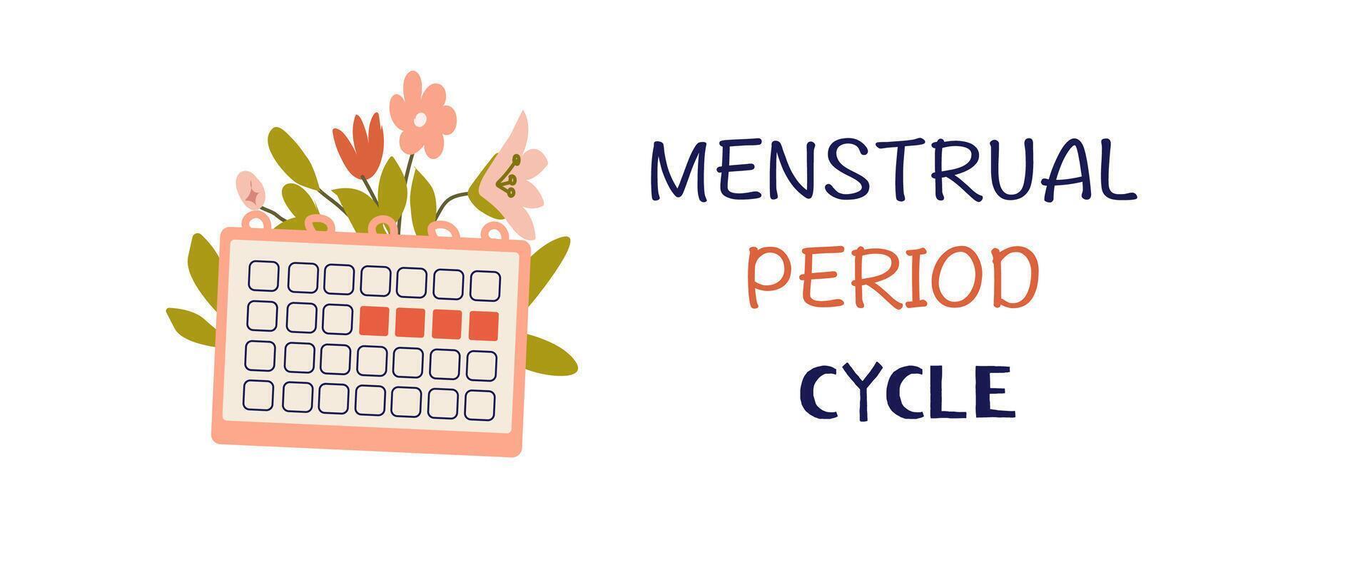 plano mano dibujado menstrual período ciclo pegatina o bandera. vector ilustración con calendario y flores mujer sano concepto ilustración. rosado diseño.