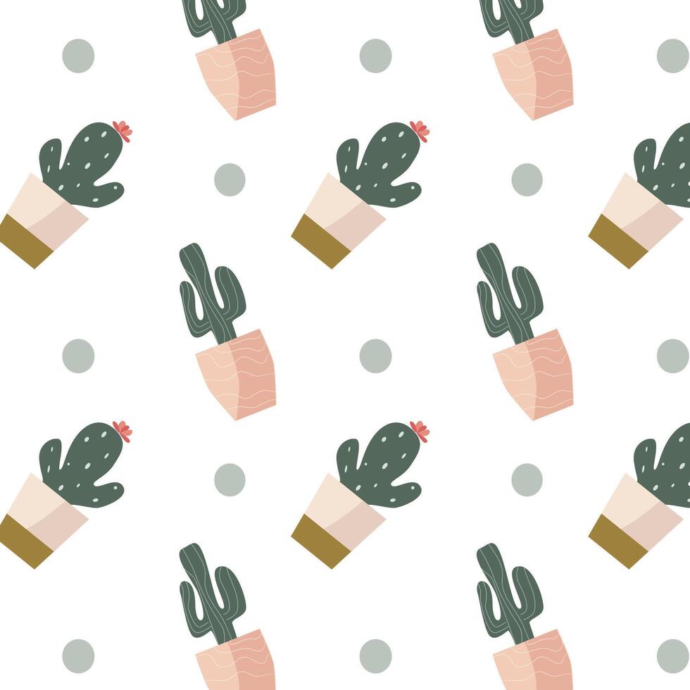 scandinavian houseplant cactus in pot and dots seamless pattern. Vector illustration of succulent flower in decorative pot. Modern home plants background.