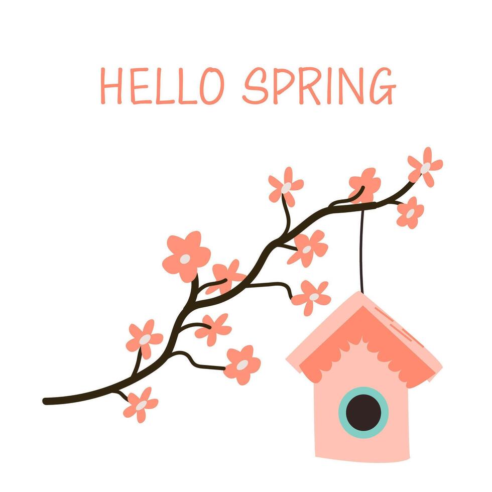 Hello spring background with cherry blossom sakura and birdhouse. Vector illustration isolated. Lettering in pink color.