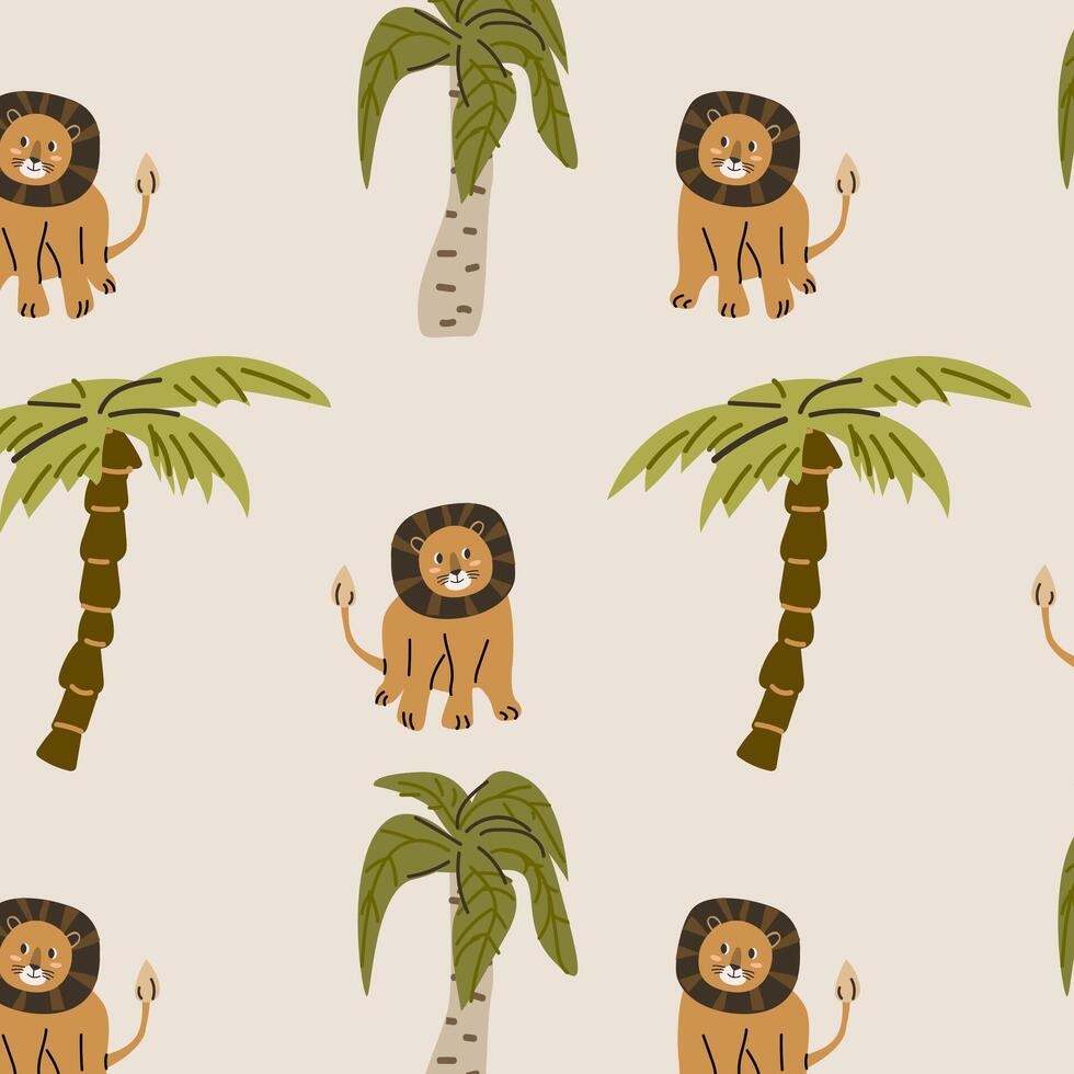 cute wild tropical animal lion sitting and palm seamless pattern vector