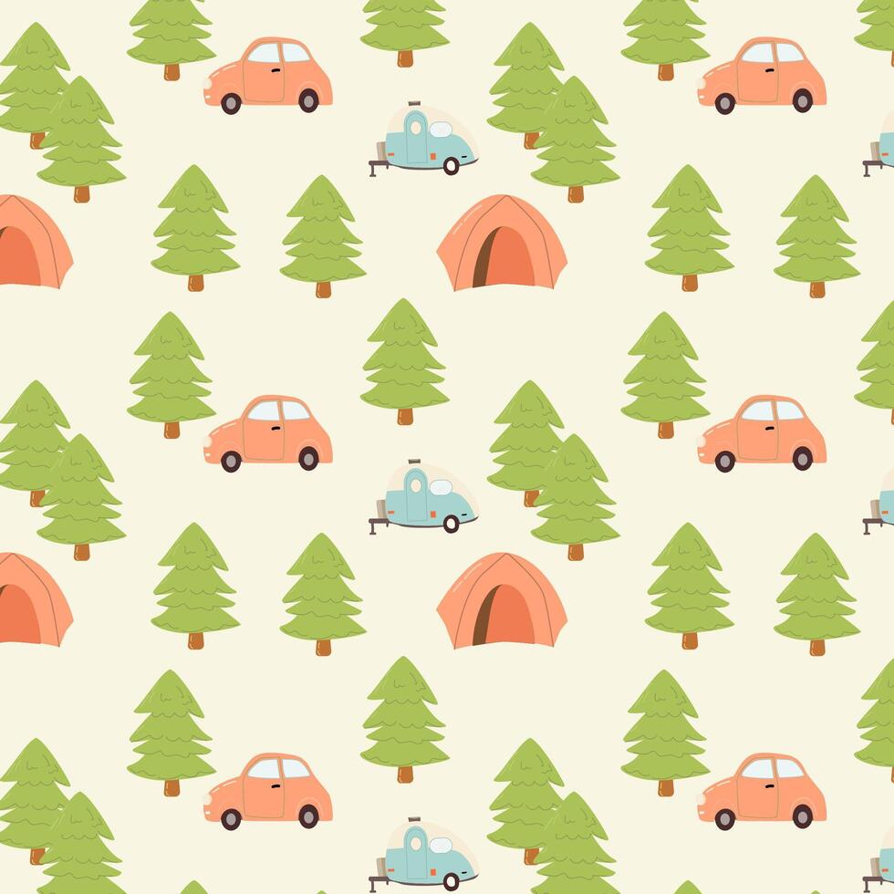 Hand drawn kids adventure expedition seamless pattern. Vector illustration can used for bedclothes, textile, wallpapers. Cartoon camping equipment.