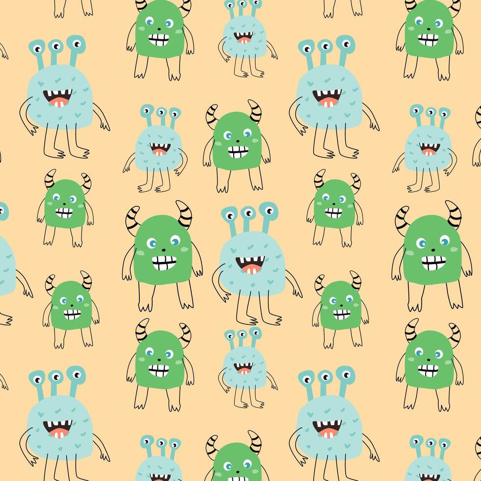 Cute baby green monsters pattern with doodle graphic vector