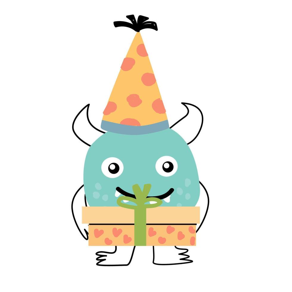 cumpleaños tarjeta de monstruo con regalo caja y gorra vector