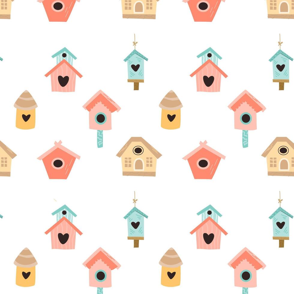 Hand drawn different spring birdhouse pattern with floral elements. Vector illustration isolated. Can used for wrapping paper, textile, clothes. greeting card, wallpapers.