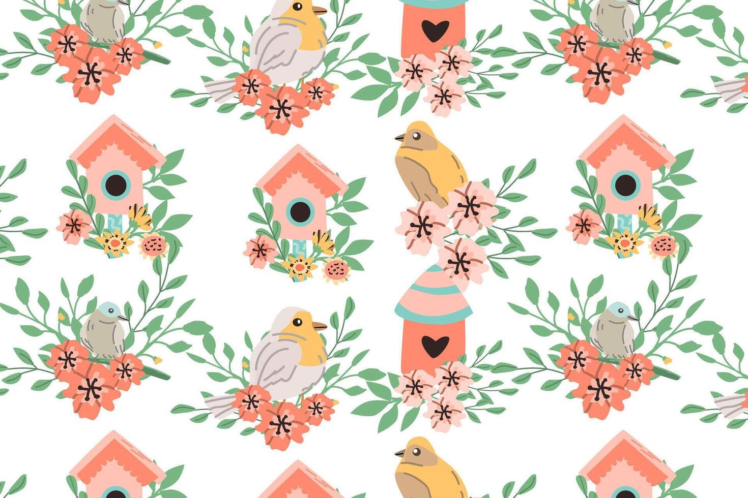 Hand drawn different woodland birds and spring birdhouses with flower pattern. Vector illustration for wallpaper, cover design.