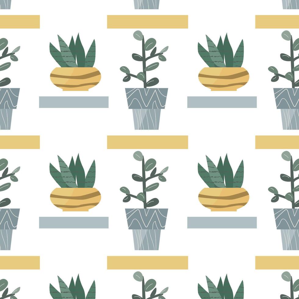 scandinavian houseplant succulent crassula and mother low in tongue in pot, simple shapes seamless pattern. Vector illustration of succulent flower in decorative pot. Modern home plants background.