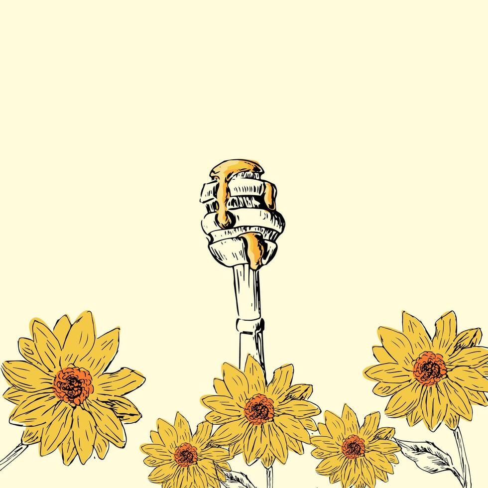 Honey background with sunflower hand drawn sketch in color vector
