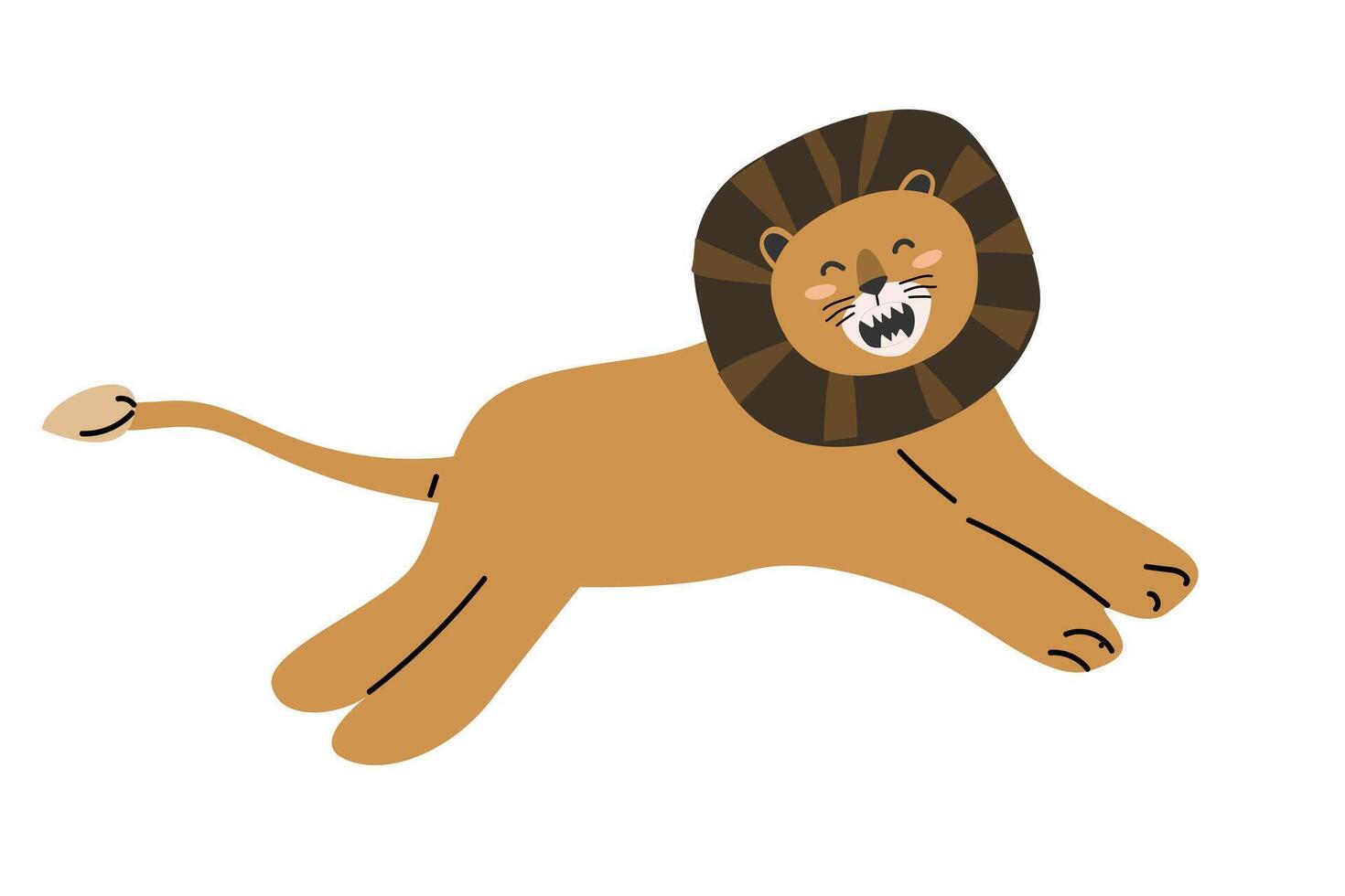 Cute jungle wild animal jumping - lion in scandinavian style. Vector illustration in flat style. Isolated vector icons of wild jungle cute lion, baby animal character. Can used for cards, background.