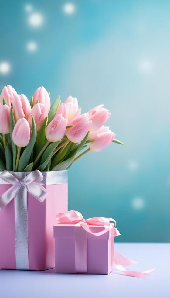 AI generated tulips bouquet and gift on table with blue background photo