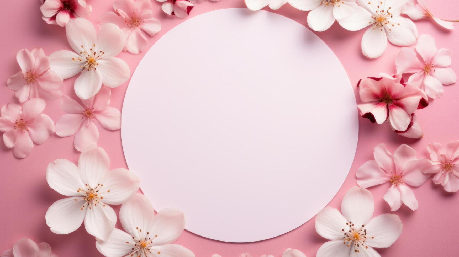 AI generated white blank cardboard circle with flower petals arranged on a pink background photo