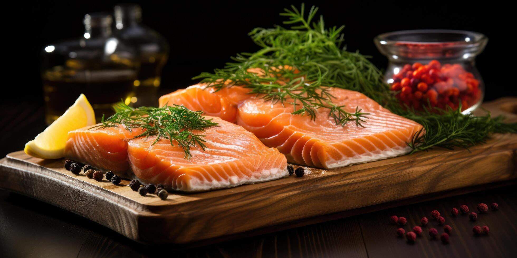 AI generated some salmon on a board with herbs photo