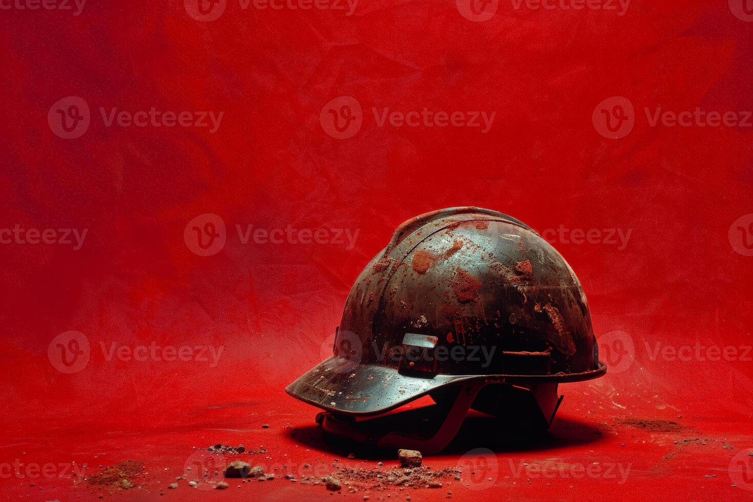 AI generated Old worn military helmet on red surface photo