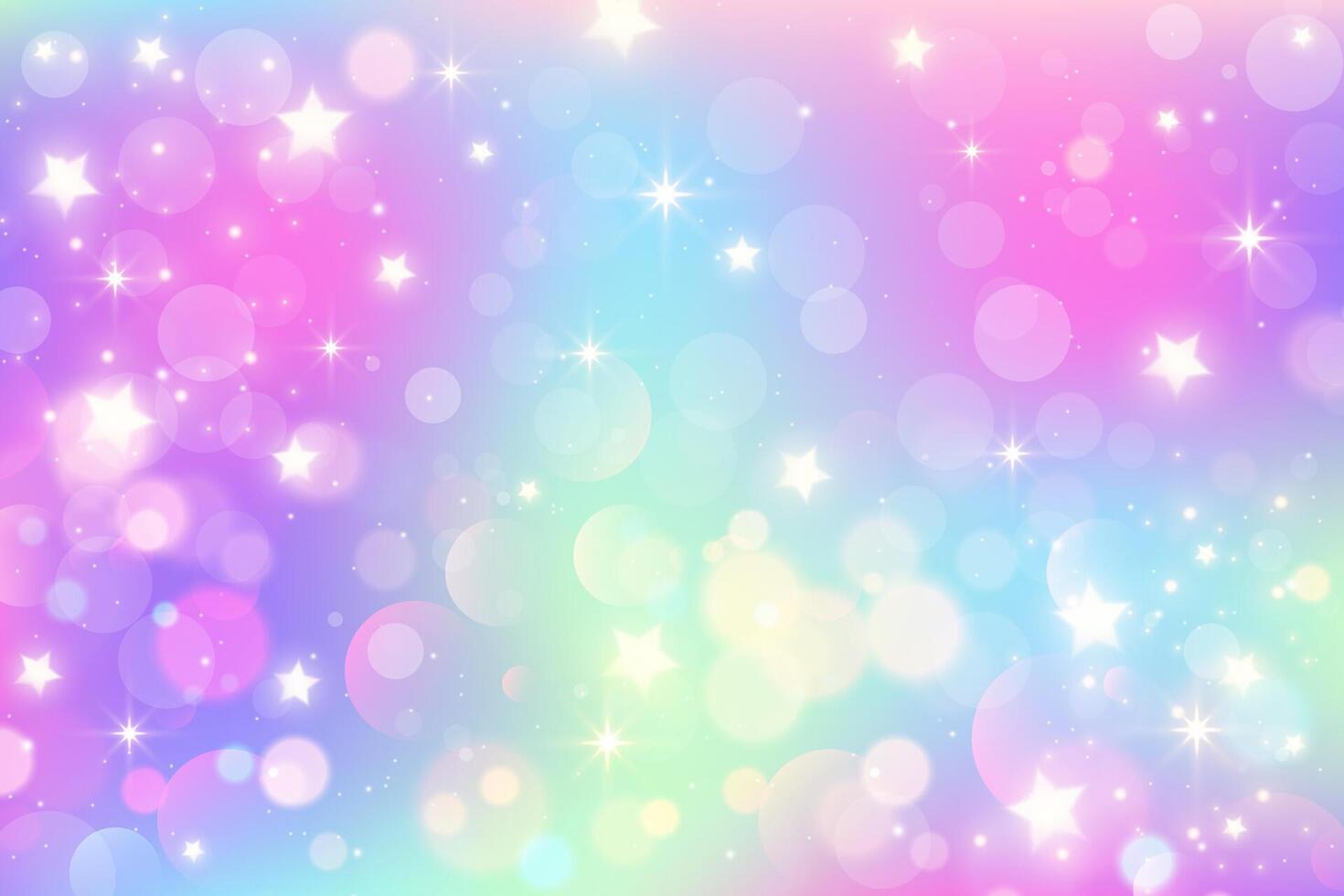 Rainbow gradient sky background. Unicorn space with glitter and stars. Holographic mermaid magic texture with bokeh. Vector wallpaper